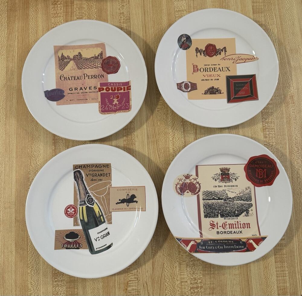 Rosanna Set 4 French Wine Label 8” Dessert Plates Bordeaux Champagne Vintage